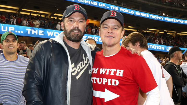 Ben Affleck and Matt Damon at the Red Sox World Series baseball final