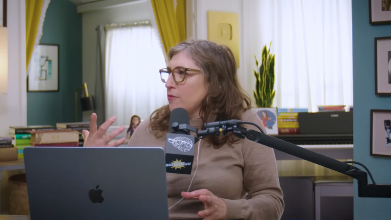 Mayim Bialik recording an episode of her podcast