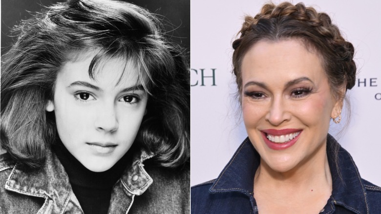 A headshot of Alyssa Milano circa 1985 & at an art function in 2026