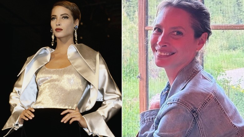 (l-r): Christy Turlington posing with a dog in 1990; Christy Turlington posing in a house in 2024