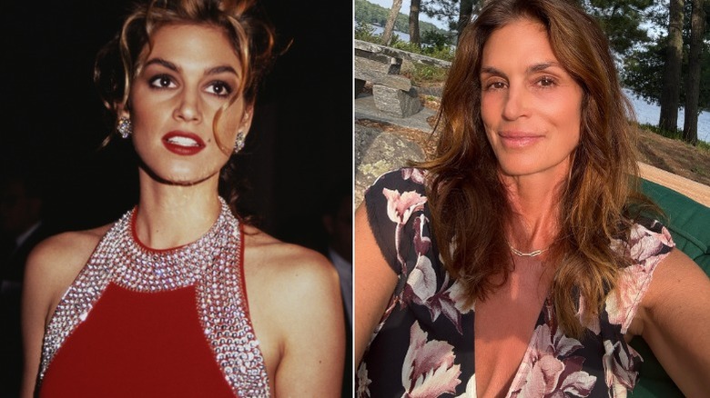 (l-r): Cindy Crawford in the '90s; Cindy Crawford posing outside in 2025