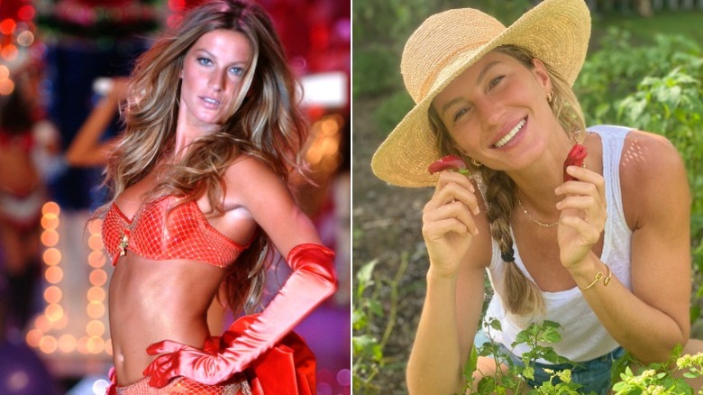 (l-r): Gisele Bündchen posing on the red carpet in the '90s; Gisele Bündchen posing in her garden in 2024.