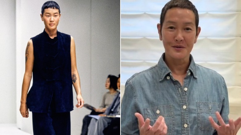 (l-r): Jenny Shimizu walking on the catwalk in the '90s; Jenny Shimizu speaking in 2025