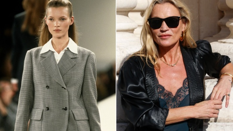 (l-r): Kate Moss posing backstage at a fashion show in 1994; Kate Moss smiling outside in 2026