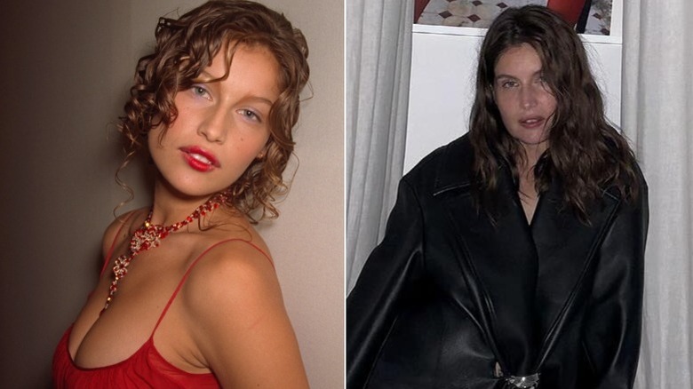 (l-r): Laetitia Casta posing in the '90s; Laetitia Casta in a black coat in 2024