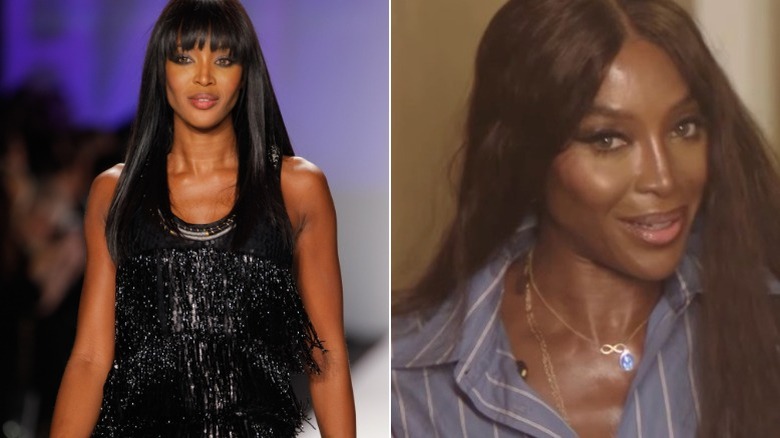 (l-r): Naomi Campbell posing in the '90s; Naomi Campbell filming a video for Vogue Arabia in August 2026
