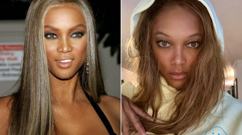 (l-r): Tyra Banks on the red carpet in the '90s; Tyra Banks posing for a selfie.