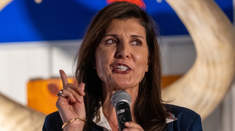Nikki Haley on stage at a campaign rally in Pennsburg, PA (2024)