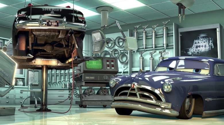 Doc Hudson looking underneath car in "Cars"
