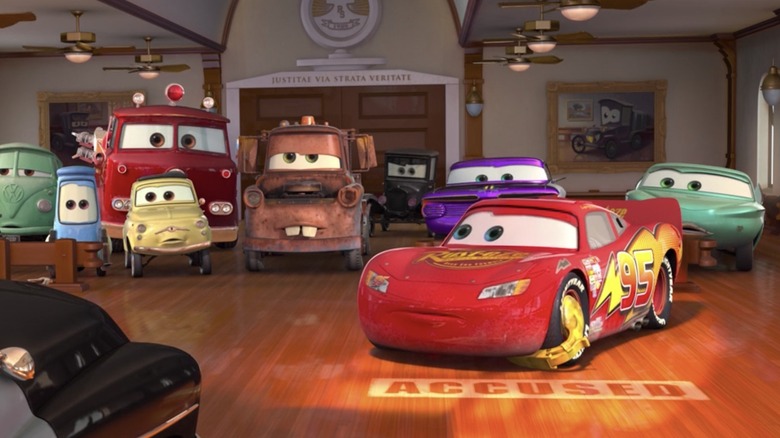 Lightning McQueen appearing in court in "Cars"