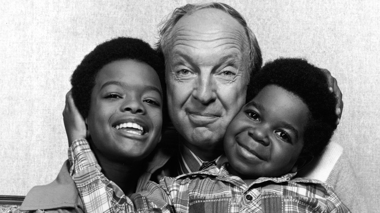 Todd Bridges, Conrad Bain, and Gary Coleman in black-and-white