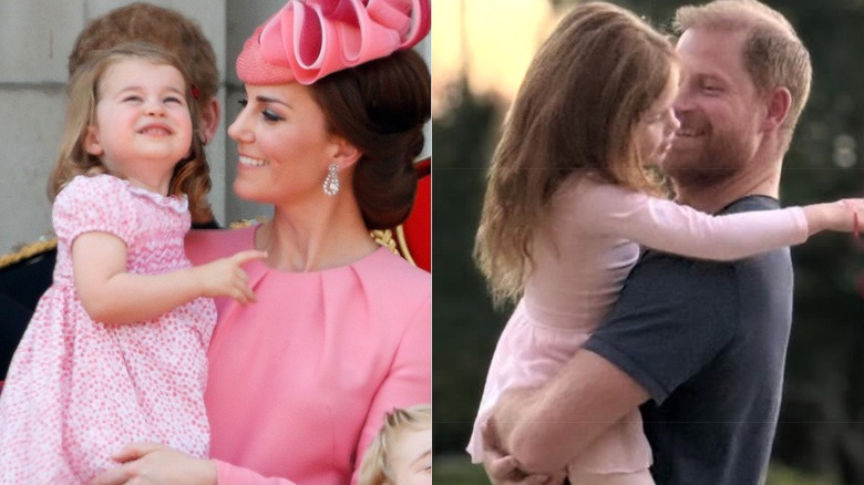 Split photo of Princess Catherine holding Princess Charlotte and Prince Harry holding Princess Lilibet