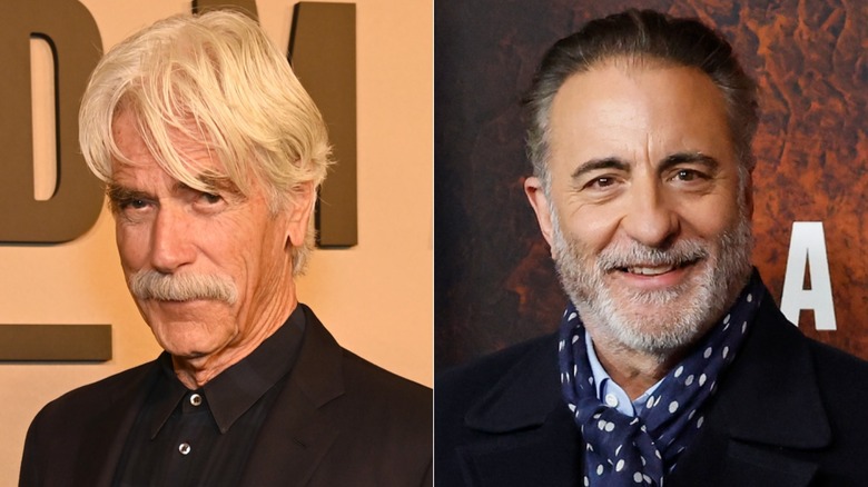 A split image of Sam Elliott and Andy Garcia on various Landman red carpets.