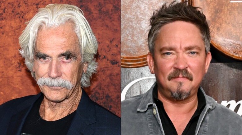 A split image of Sam Elliott and James Jordan on Landman red carpets.