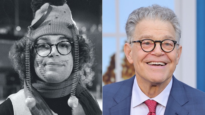 Split image of Al Franken dressed as a bumble bee (left) and Al Franken in 2025 (right)