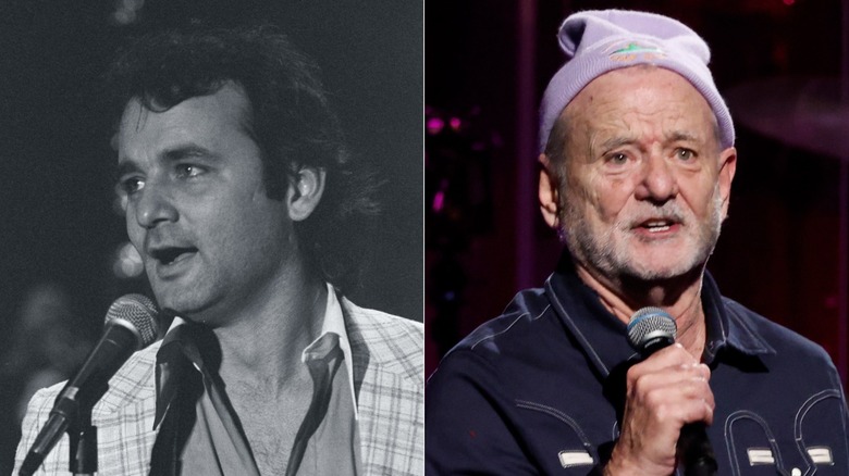 Split image of Bill Murray performing in the 1970s (left) and Bill Murray performing in 2026 (right)