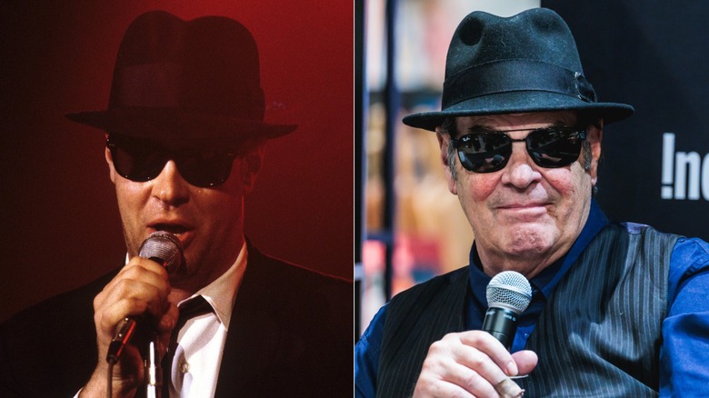 Split image of Dan Aykroyd performing in the 1970s (left) and Dan Aykroyd at an event in 2025 (right)