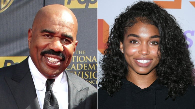 Steve Harvey and Lori Harvey smiling split screen