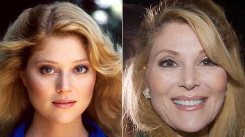 Split image of Audrey Landers looking at the camera circa 1985 and again in 2008