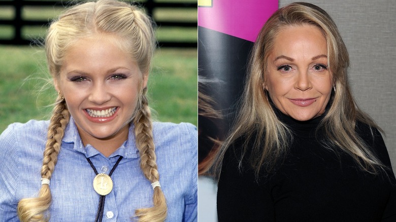 Split image of Charlene Tilton smiling circa 1980 and in 2017