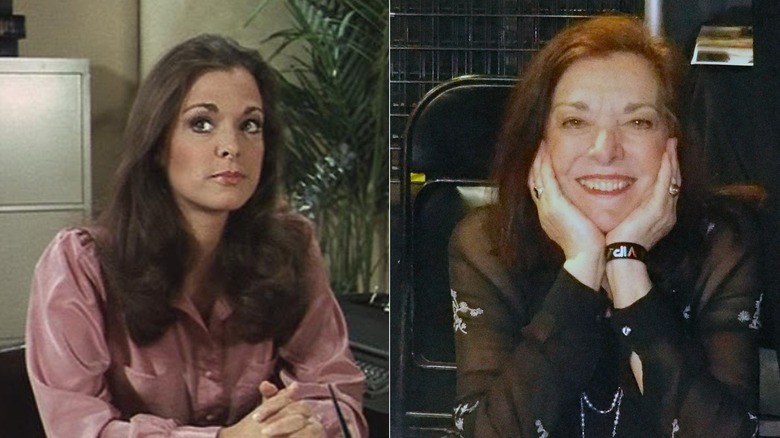 Split image of Deborah Tranelli as Phyllis Wapner in Dallas and resting her head in her hands in 2025