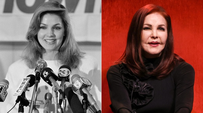Split image of Priscilla Presley in front of microphones in 1985 and wearing a sweater in 2024