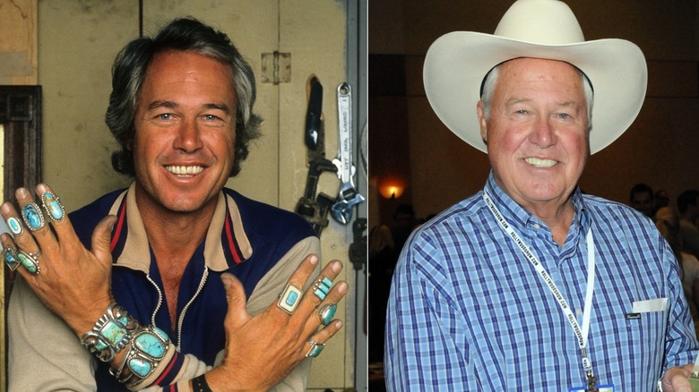Split image of Steve Kanaly showing off his rings circa 1985 and wearing a cowboy hat in 2012