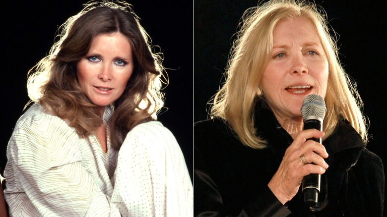 Split image of Susan Howard wearing white in 1982 and wearing black in 2008