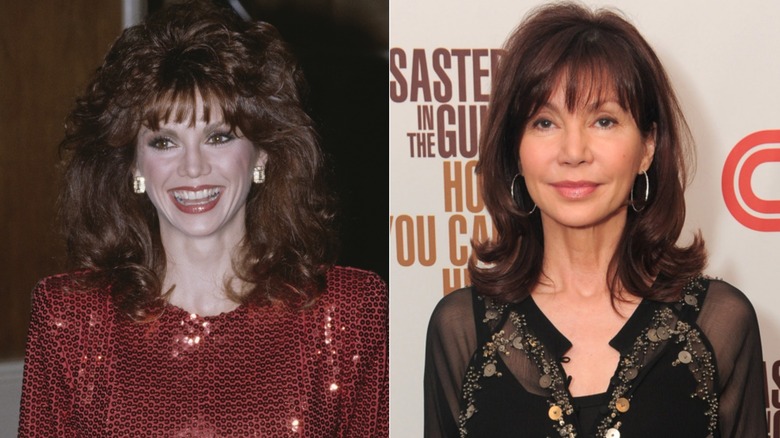 Split image of Victoria Principal wearing red in 1983 and wearing black in 2010