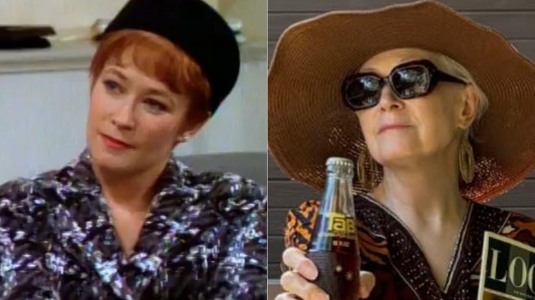 Split image of Ann Magnuson in "Anything but Love" and posing with a drink and magazine in 2024