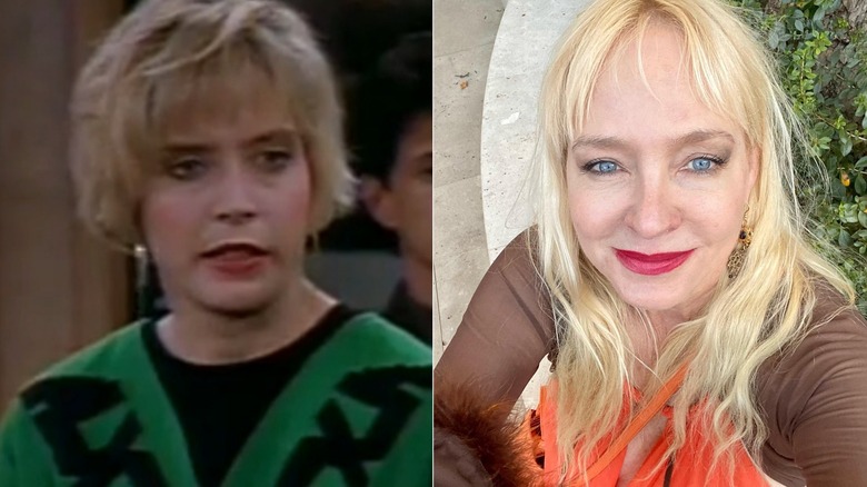 Split image of Holly Fulger in "Anything but Love" & smiling in a 2023 selfie