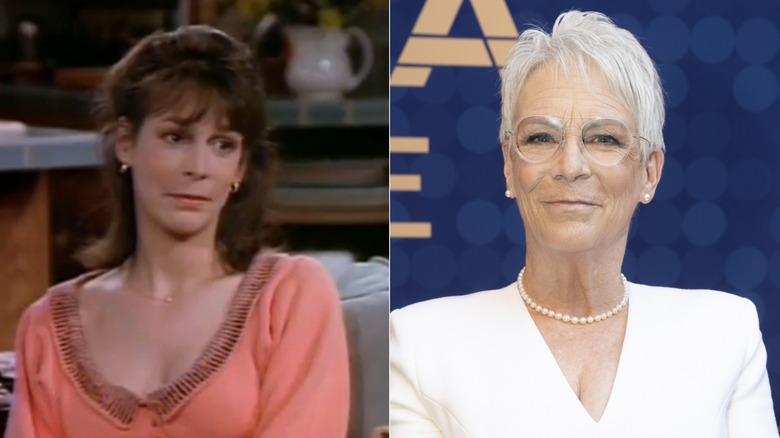 Split image of Jamie Lee Curtis in "Anything but Love" and smiling at the California Hall of Fame Ceremony in 2026