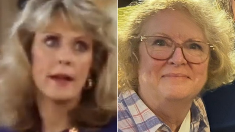 Split image of Sandy Faison in "Anything but Love" and smiling in 2026