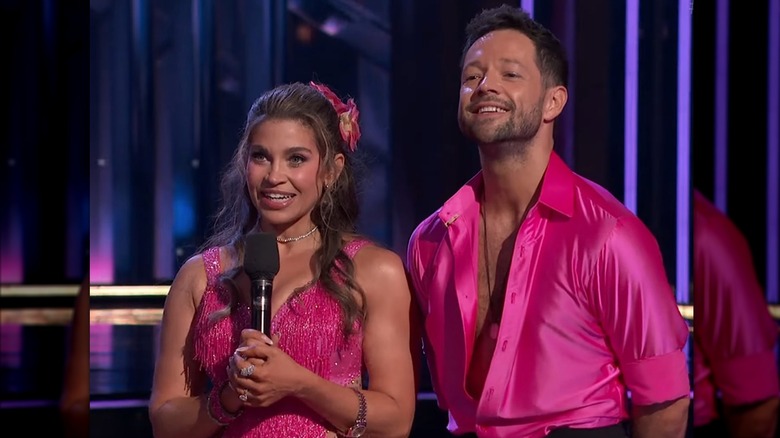Danielle Fishel and Pasha Pashkov listening to judges' critiques on DWTS