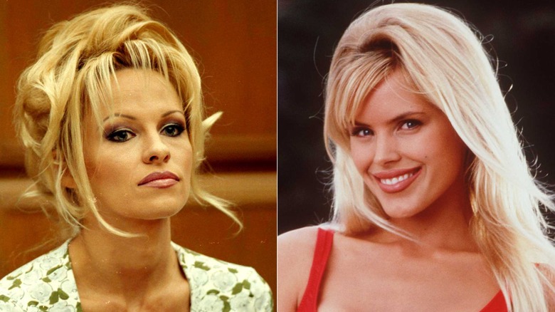 A split image of Pamela Anderson in a courtroom and Gena Lee Nolin smiling on the beach in 1997.