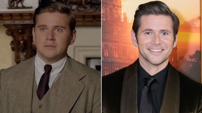 Split image of Allen Leech on "Downton Abbey" vs. in real life in 2025
