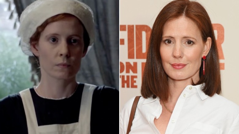 Split image of Amy Nuttall on "Downton Abbey" vs. in real life