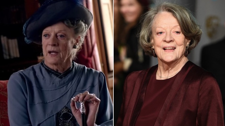 Split image of Dame Maggie Smith in "Downton Abbey" vs. in 2023
