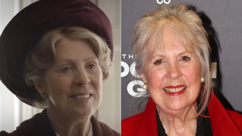 Split image of Dame Penelope Wilton on "Downton Abbey" vs. in real life