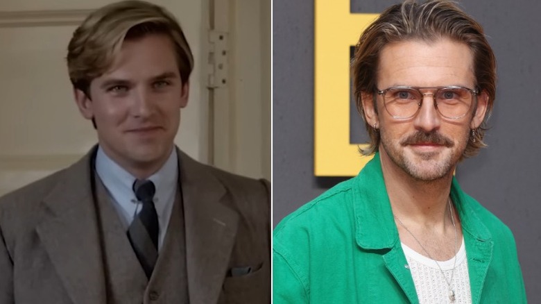 Split image of Dan Stevens in "Downton Abbey" vs. in real life