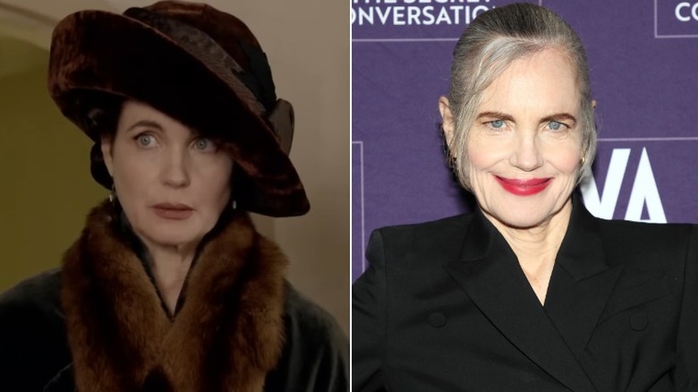 Split image of Elizabeth McGovern on "Downton Abbey" vs. in real life 2025