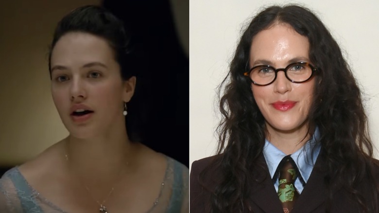 Split image of Jessica Brown Findlay on "Downton Abbey" vs in real life 2025
