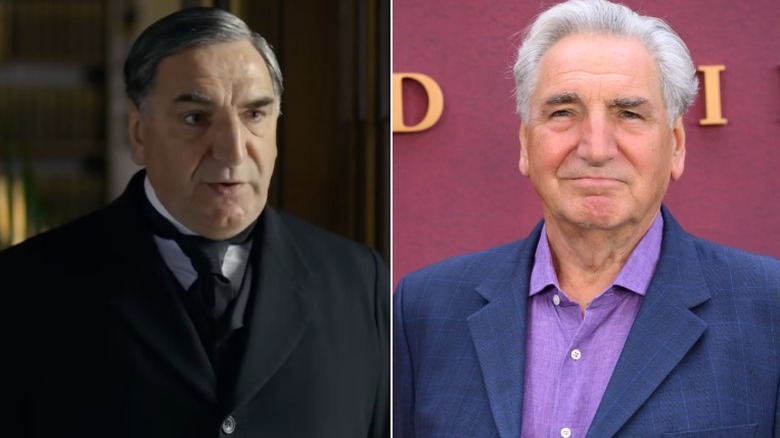 Split image of Jim Carter in "Downton Abbey" vs. in real life
