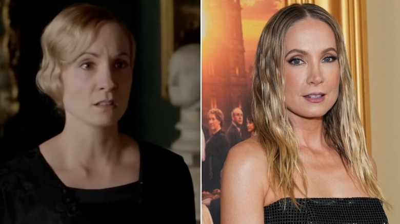 Split image of Joanne Froggatt in "Downton Abbey" vs. in real life