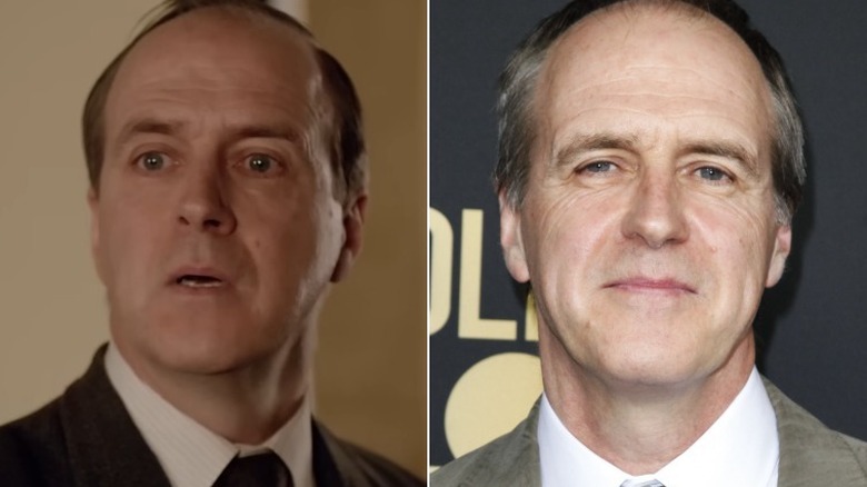 Split image of Kevin Doyle on "Downton Abbey" vs. in real life
