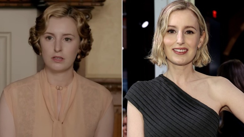 Split image of Laura Carmichael in "Downton Abbey" vs. in real life