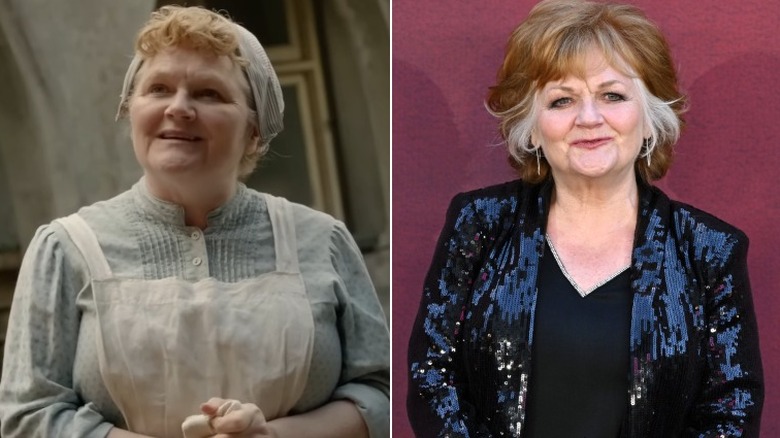 Split image of Lesley Nicol in "Downton Abbey" vs. in real life