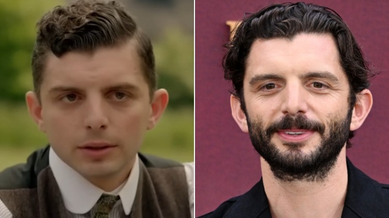Split image of Michael Fox on "Downton Abbey" vs. in real life in 2025