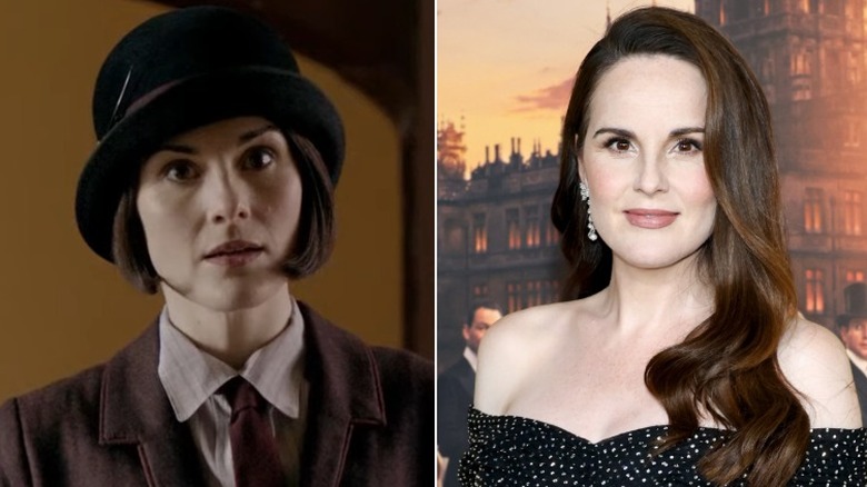 Split image of Michelle Dockery on "Downton Abbey" vs. in real life in 2025