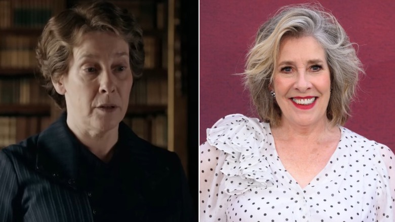 Split image of Phyllis Logan in "Downton Abbey" vs. in real life